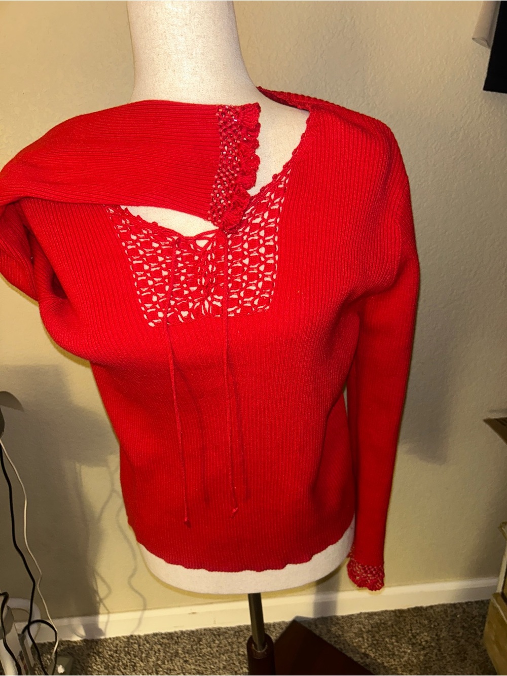 Red Women's Y2K Knit Long Sleeve Top with Crochet and Beaded Detail
